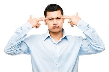 Image showing Ready to blow my brains out. an asian businessman miming his brains being blown out.