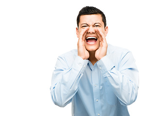 Image showing Getting some frustration off his chest. a young businessman shouting against a studio background.