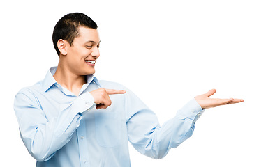 Image showing What do you see here. an asian businessman gesturing against a studio background.