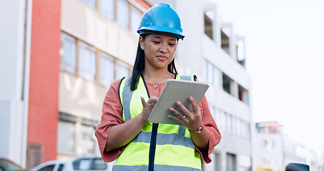 Image showing Construction, woman and tablet for inspection at job site, check digital floor plan and project management. Architect, engineering and paperless blueprint, checklist and assessment with contractor