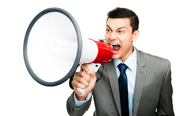 Image showing Making himself heard by any means. an asian businessman shouting into a megaphone against a studio background.