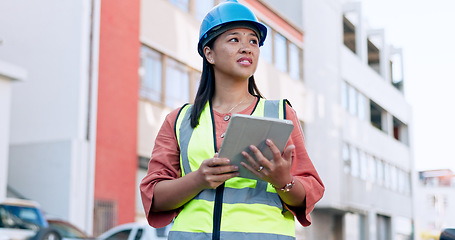 Image showing Construction worker, woman and tablet for inspection, project management and analysis of digital floor plan. Architect, engineering and paperless blueprint, checklist and assessment with contractor