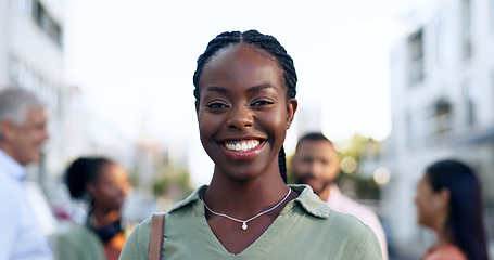 Image showing Portrait, outdoor and black woman with business, smile and career with agency, company and startup. Face, African person and employee in a city, team and blurry background with consultant and agent