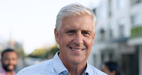 Image showing Business, travel and portrait of senior man in a city street with confidence, smile or positive mindset. Worker, face and elderly executive excited for international, trip or urban town opportunity