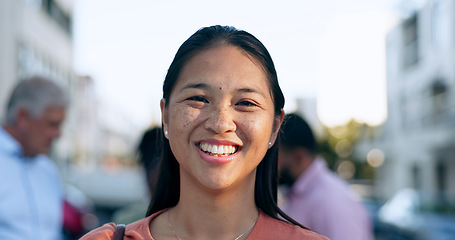 Image showing Business, travel and portrait of asian woman in a city street with confidence, smile or positive mindset. Worker, face and Japanese lady excited for international, trip or urban town opportunity