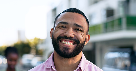 Image showing Brazil, travel and happy portrait of man in city, town or smile for vacation in summer. Holiday, trip and person on street in Rio de Janeiro with happiness on face for business trip or adventure