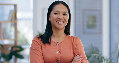 Image showing Portrait, business and woman with a smile, arms crossed and career with success, employee and agency. Face, person and consultant in a workplace, entrepreneur and worker with a startup and office