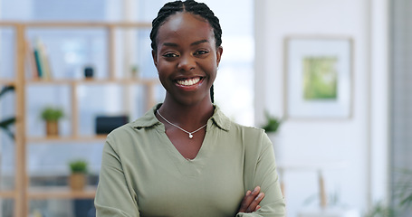 Image showing Portrait, smile and business with black woman, arms crossed and career in a workplace. Face, African person and employee with startup, entrepreneur and consultant with agency, worker or professional