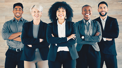 Image showing Whatever choice you make makes you. Choose wisely. a group of businesspeople standing with their arms crossed in an office at work.