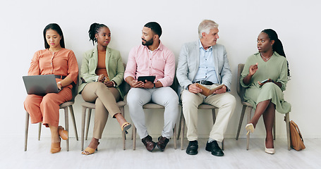 Image showing Waiting room, recruitment and people with notebook, laptop or talking of business networking, HR opportunity and social media. Diversity, job search and Human Resources group of men or women in chair