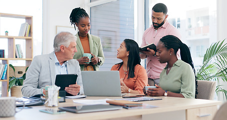 Image showing Training, laptop and business people in office meeting with senior man executive for creative, brainstorming or collaboration. Workshop, coaching and old male mentor with team for proposal discussion