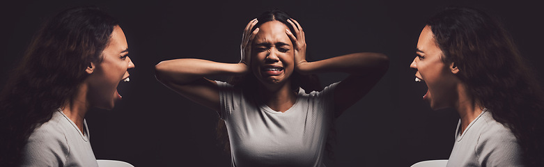 Image showing You never know how strong you are. a young woman experiencing mental anguish and screaming against a black background.