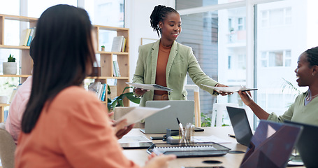 Image showing Business people in office for meeting with documents, proposal and laptop in workshop. Planning, strategy and management with women at table with paperwork, teamwork and project development report.