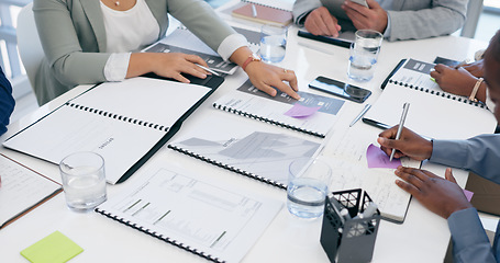 Image showing Business people, hands and writing with documents in planning, schedule or meeting on office table. Closeup of employee group with paperwork for tasks, strategy or brainstorming ideas at workplace