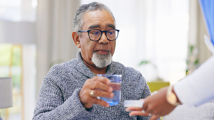 Image showing Sick, nurse or senior man in home to take pills or supplements for healthcare vitamins or wellness. Drinking water, medication tablets or caregiver nursing an old person with drugs to help cure virus