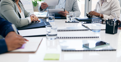 Image showing Hands, documents and hands of business people in office meeting for financial, review or budget analysis. Corporate, collaboration and accounting team coworking on paper, data or research statistics