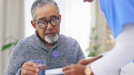 Image showing Sick, caregiver or senior man in home to take pills or supplements for healthcare vitamins or wellness. Drinking water, medication tablets or nurse nursing an old person with drugs to help cure virus