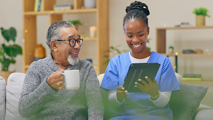 Image showing Home, old man and nurse with a tablet, conversation and email notification with internet, love and social media. Black woman, caregiver or elderly person on a sofa, technology and connection with app