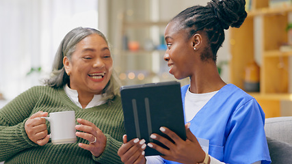 Image showing Home, old woman and nurse with a tablet, connection and email notification with internet, love or social media. Black woman, caregiver or elderly person on a sofa, technology or conversation with app