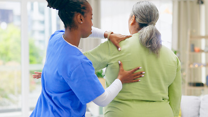 Image showing Senior woman, nurse and chiropractor for back, physical therapy and spinal injury in retirement. Elderly person, caregiver and rehabilitation or support, trust and healthcare for wellness or help