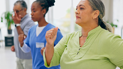 Image showing Nurse, old couple and health with physical therapy, exercise and recovery with wellness, treatment and fitness. Rehabilitation, healing and physiotherapist with pensioner, elderly man or mature woman