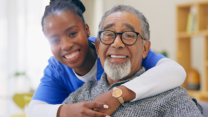 Image showing Senior man, nurse and smile in retirement home, portrait and assistance by professional. Elderly person, caregiver and rehabilitation or support, trust and healthcare for wellness or hug for empathy