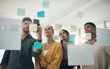 Image showing Business planning helps you keep track of the right things. a group of businesspeople brainstorming with notes on a glass wall in an office.