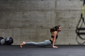 Image showing Fit woman in a modern gym working flexibility and strength through various exercises, demonstrating her commitment to fitness