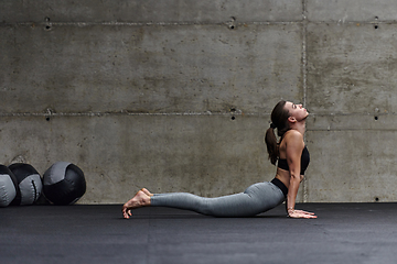 Image showing Fit woman in a modern gym working flexibility and strength through various exercises, demonstrating her commitment to fitness