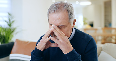 Image showing Senior man, headache and stress in financial crisis, retirement debt or mistake on living room sofa at home. Mature male person with migraine, anxiety or depression in loss or mental health at house