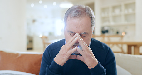 Image showing Stress, headache or old man in home with depression, worry or fatigue in retirement frustrated by debt. Sad, anxiety or tired senior person with problem, crisis or exhausted on couch with migraine