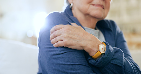 Image showing Closeup, shoulder pain and old woman with injury, accident and emergency with muscle tension, lens flare and strain. Pensioner, elderly lady or pensioner with stress, bruise and broker with arthritis