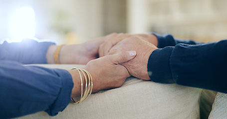 Image showing Retirement, holding hands or old couple with support, trust or hope in marriage commitment at home. Zoom, comfort or senior man bonding to relax with an elderly woman on anniversary for love or care