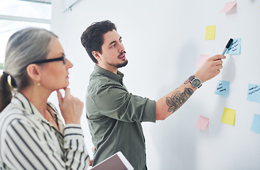 Image showing Coming up with a strategy that works. two businesspeople brainstorming with notes on a wall in an office.