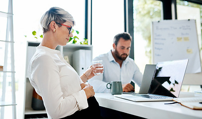 Image showing Tending to business before she goes on leave. a pregnant businesswoman drinking water while working on a laptop in an office with her colleague in the background.