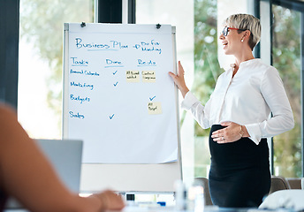 Image showing These are our upcoming deadlines. a pregnant businesswoman using a whiteboard while giving a presentation in an office.