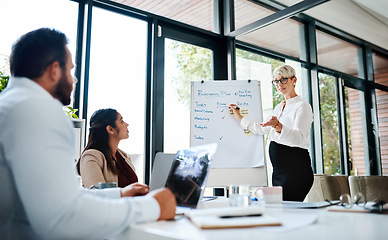 Image showing Heres what were doing this month. a pregnant businesswoman using a whiteboard while giving a presentation in an office.