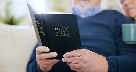 Image showing Hands, reading book or old couple with bible, hope or support in Christianity religion with faith or peace. Closeup, holy prayer or elderly person learning God in spiritual literature in retirement