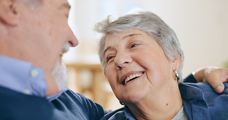 Image showing Hug, laughing or old couple in home talking to relax, enjoy conversation or funny joke together in retirement. Happy, senior woman or elderly man bonding with love, support or smile in living room