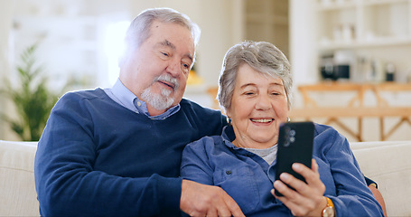 Image showing Home, relax and senior couple with smartphone, smile and connection with social media, speaking and email. Digital app, mature man and old woman with cellphone, mobile user and website information