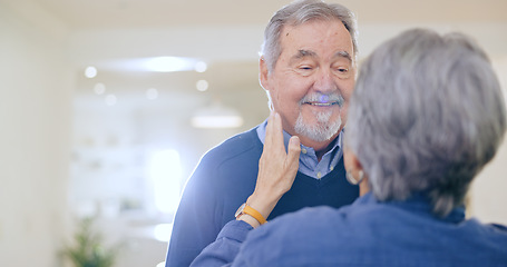 Image showing Old couple, love or senior man in home to relax for romance, support, bond with trust, care or comfort. Elderly people together in marriage, house or retirement with commitment, affection or touch