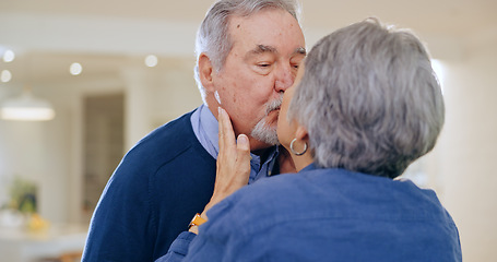 Image showing Care, love or old couple kiss in home to relax for connection, support, bond for trust or comfort. Elderly people in marriage, house or retirement with commitment, affection or romance together