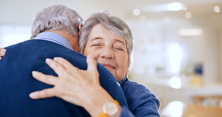 Image showing Happy, love or old couple hug in home to relax for connection, support, bond with smile. Trust, comfort or elderly people in marriage, house or retirement with commitment, care or affection together