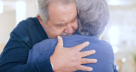 Image showing Comfort, love or old couple hug in home to relax for connection, support, bond with peace. Trust, sorry or elderly people in marriage, house or retirement with commitment, care or affection together