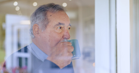 Image showing Coffee, thinking or face of an old man by window in retirement with ideas or memory in living room. Lonely, remember or elderly person looking or wondering about future in home alone drinking tea