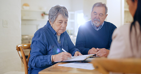 Image showing Will, paper or old couple with contract to sign application or writing on document for life insurance. Senior people, lawyer or client signature for legal form compliance or title deed agreement