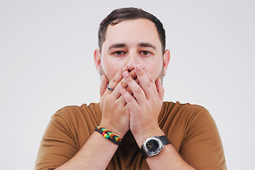 Image showing Are you kidding. Studio shot of a young man looking shocked against a grey background.