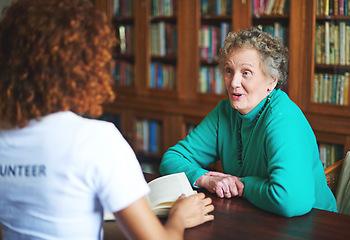 Image showing Have I got some stories for you. a volunteer reading to a senior woman at a retirement home.