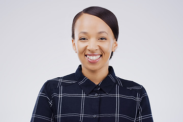 Image showing I dont need a reason to smile. Studio portrait of an attractive young woman smiling against a grey background.