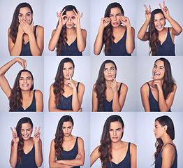 Image showing Theres more to her than meets the eye. Composite shot of a beautiful young woman making different faces against a blue background in studio.